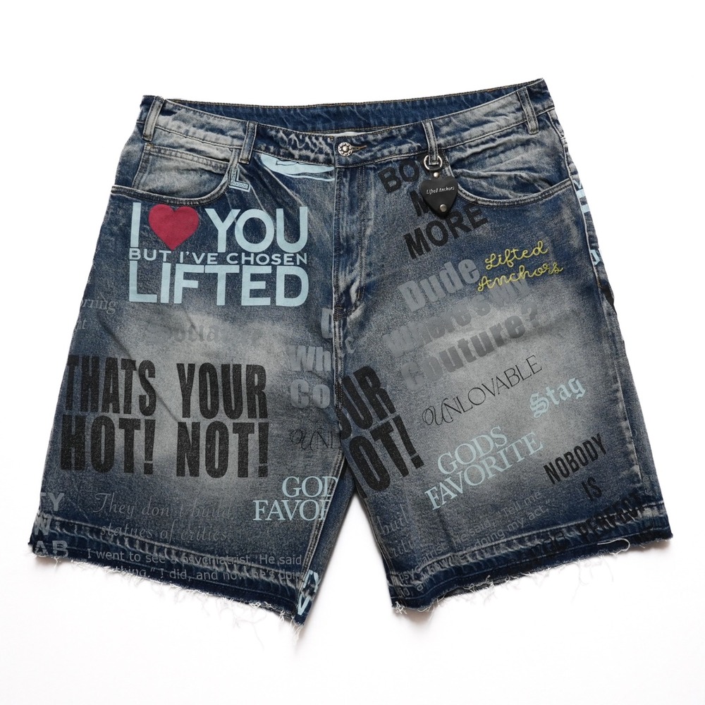 Lifted Anchors Men 42 Blue Graffiti Denim Shorts‎ Streetwear Frayed Hem NWT